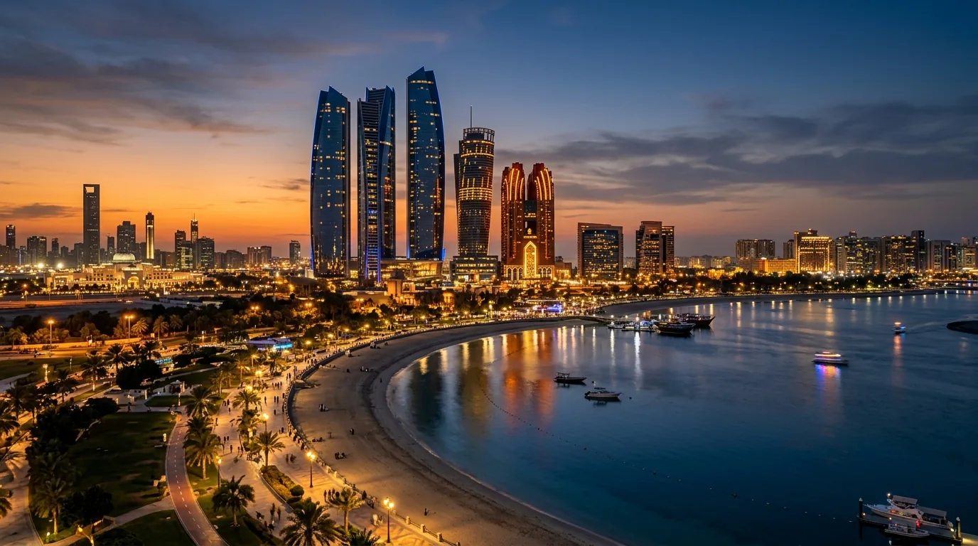 Abu Dhabi Corniche skyline with Etihad Towers at dusk