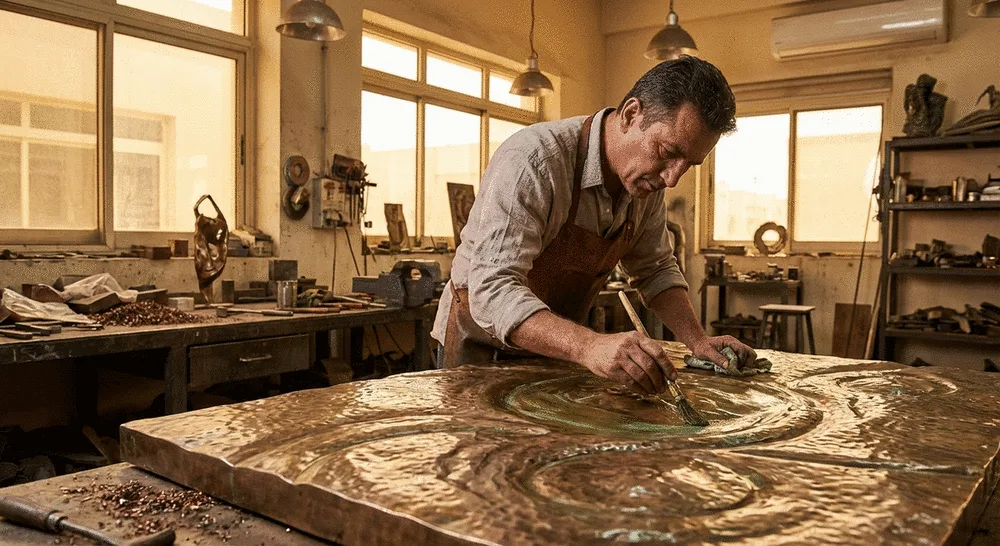 Master craftsman finishing bronze sculptural panel