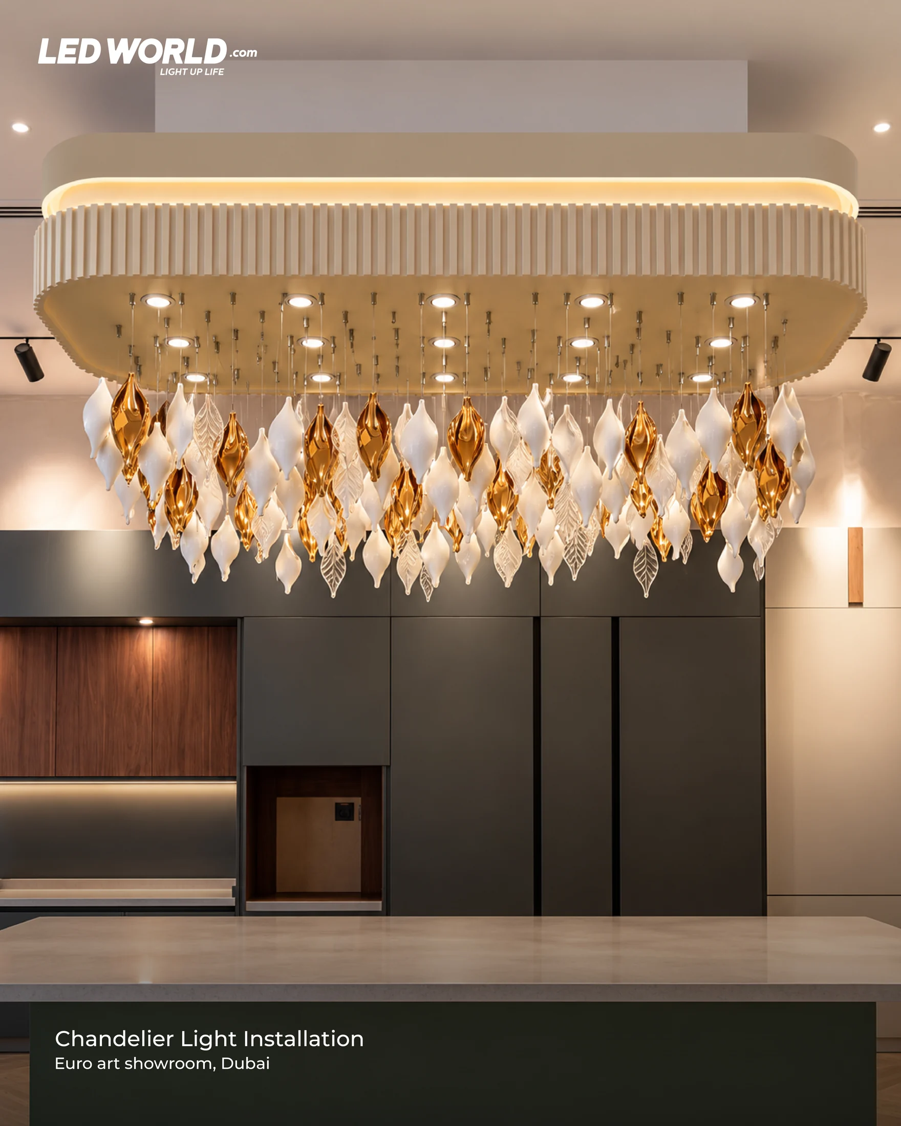 Front view of suspended chandelier elements above the Euro Art Showroom display area