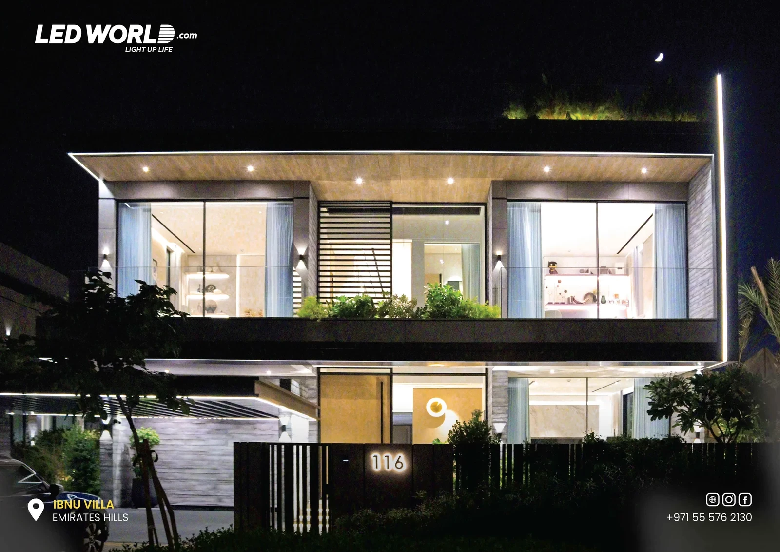LEDWORLD portfolio photograph of Ibnu Villa in Emirates Hills, with illuminated facade edges, downlights and glazed interiors at night