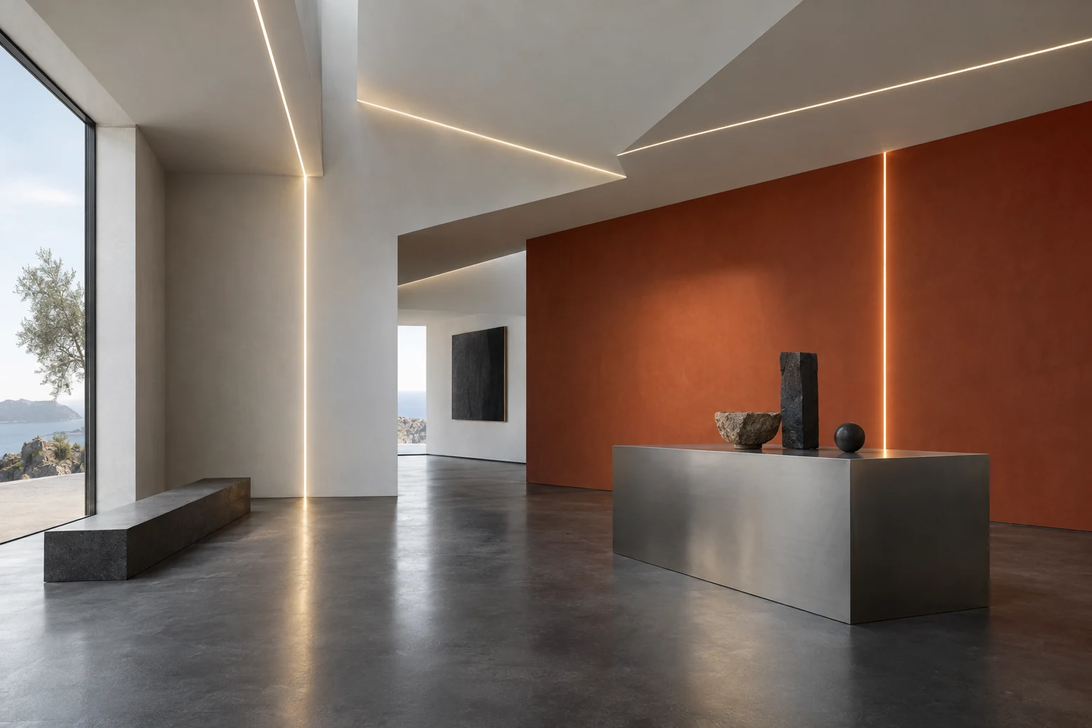Concept gallery with fine continuous light lines integrated into white ceiling planes and a terracotta display wall