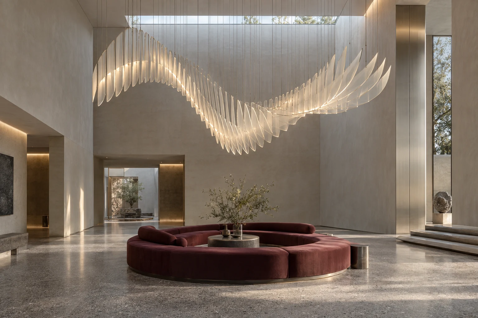 Sculptural lighting concept with translucent glass fins suspended above a circular burgundy seating arrangement