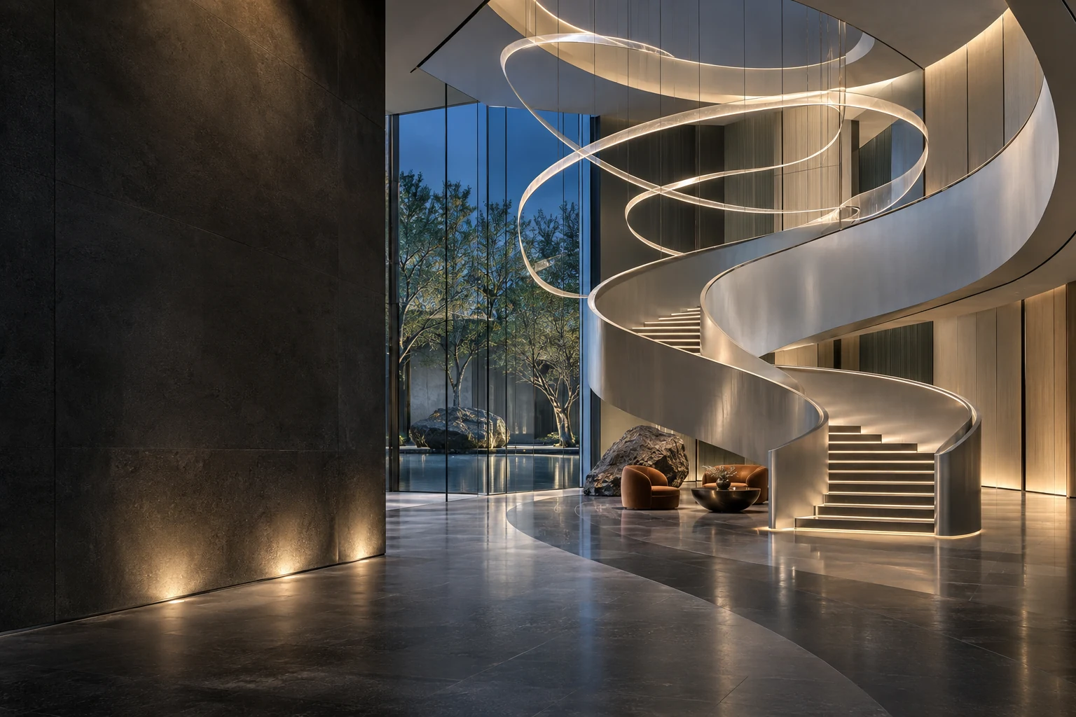 Architectural concept of luminous ribbon pendants above a sculptural gallery stair, with cool daylight and warm concealed light