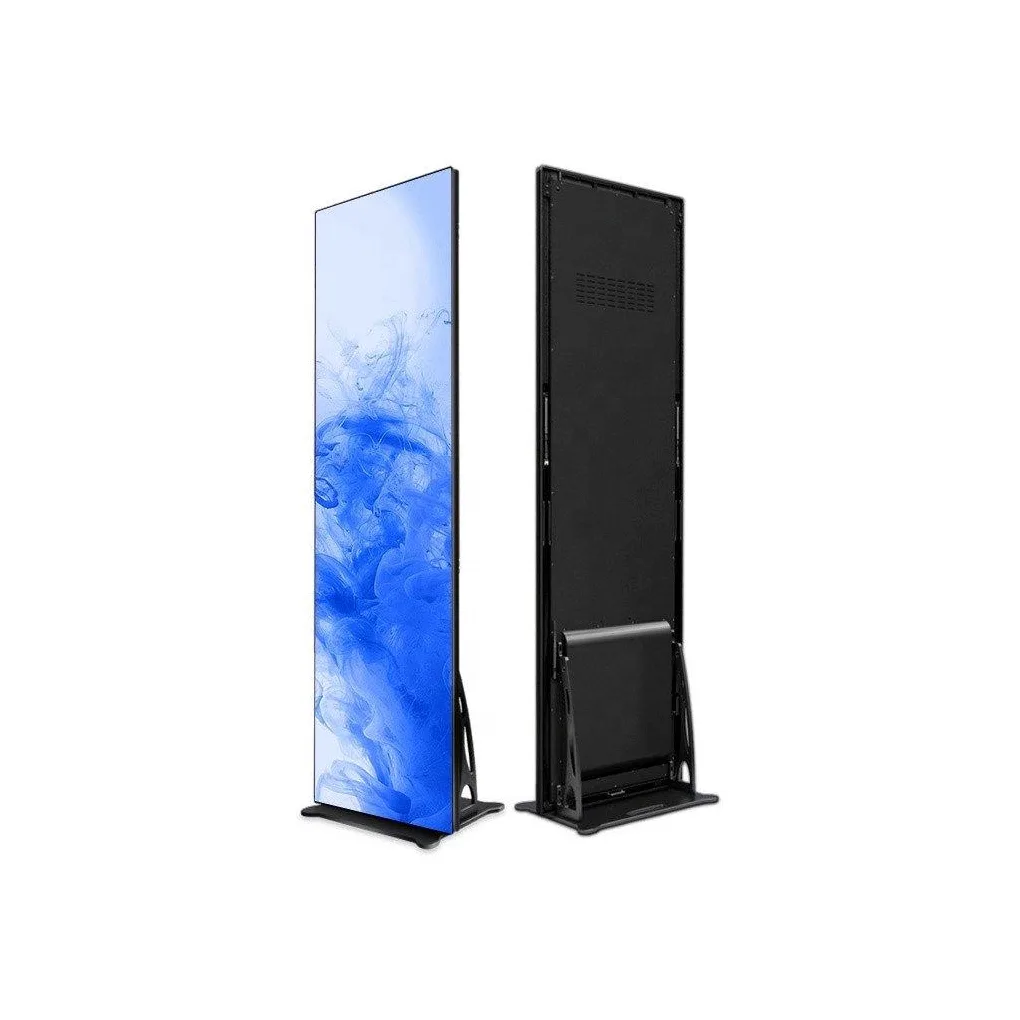 Brightluxx P25 LED poster screen on waterproof floor stand in luxury smart home setting.